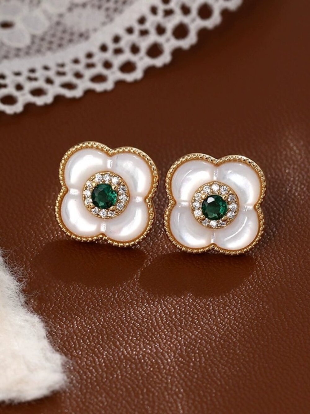 Gold-Tone Mother-of-Pearl Clover Stud Earrings